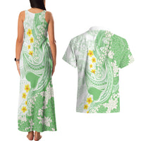 Green Hawaii Shark Tattoo Couples Matching Tank Maxi Dress and Hawaiian Shirt Puakenikeni Lei Plumeria Polynesian Pattern
