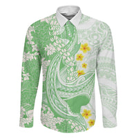 Green Hawaii Shark Tattoo Family Matching Summer Maxi Dress and Hawaiian Shirt Puakenikeni Lei Plumeria Polynesian Pattern LT14 Dad's Shirt - Long Sleeve Green - Polynesian Pride