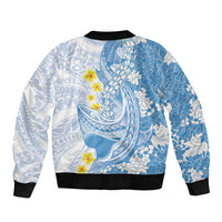 Blue Hawaii Shark Tattoo Bomber Jacket Puakenikeni Lei Plumeria Polynesian Pattern LT14 - Polynesian Pride