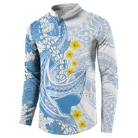 Blue Hawaii Shark Tattoo Button Sweatshirt Puakenikeni Lei Plumeria Polynesian Pattern LT14 - Polynesian Pride