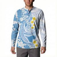 Blue Hawaii Shark Tattoo Button Sweatshirt Puakenikeni Lei Plumeria Polynesian Pattern LT14 - Polynesian Pride