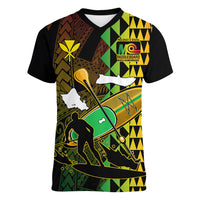 Personalised Paddle Board Hawaii Women V Neck T Shirt Molokai 2 Oahu World Championships Kakau Pattern LT14 Female Black - Polynesian Pride