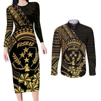 Gold Kosrae Liberation Day Couples Matching Long Sleeve Bodycon Dress and Long Sleeve Button Shirt September 8 Polynesian Tattoo - Polynesian Pride