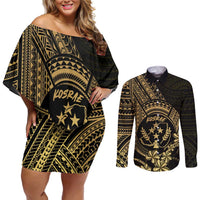 Gold Kosrae Liberation Day Couples Matching Off Shoulder Short Dress and Long Sleeve Button Shirt September 8 Polynesian Tattoo - Polynesian Pride
