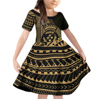 Gold Kosrae Liberation Day Family Matching Off Shoulder Short Dress and Hawaiian Shirt September 8 Polynesian Tattoo - Polynesian Pride