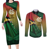 Personalised Long Live Vanuatu Independence Day Couples Matching Long Sleeve Bodycon Dress and Long Sleeve Button Shirt 45th Anniversary Woven Pattern - Polynesian Pride