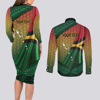 Personalised Long Live Vanuatu Independence Day Couples Matching Long Sleeve Bodycon Dress and Long Sleeve Button Shirt 45th Anniversary Woven Pattern - Polynesian Pride