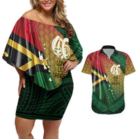 Personalised Long Live Vanuatu Independence Day Couples Matching Off Shoulder Short Dress and Hawaiian Shirt 46th Anniversary Woven Pattern LT14 Reggae - Polynesian Pride