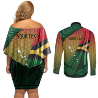 Personalised Long Live Vanuatu Independence Day Couples Matching Off Shoulder Short Dress and Long Sleeve Button Shirt 46th Anniversary Woven Pattern LT14 - Polynesian Pride