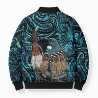 New Zealand Tui Bird Taiaha Bomber Puffer Jacket Maori Weapon Paua Shell Mix Silver Fern