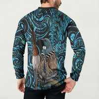 New Zealand Tui Bird Taiaha Button Sweatshirt Maori Weapon Paua Shell Mix Silver Fern