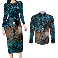 New Zealand Tui Bird Taiaha Couples Matching Long Sleeve Bodycon Dress and Long Sleeve Button Shirt Maori Weapon Paua Shell Mix Silver Fern
