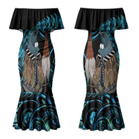 New Zealand Tui Bird Taiaha Couples Matching Mermaid Dress and Hawaiian Shirt Maori Weapon Paua Shell Mix Silver Fern LT14 - Polynesian Pride