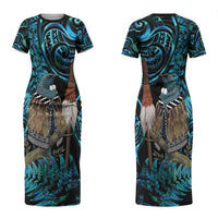 New Zealand Tui Bird Taiaha Couples Matching Short Sleeve Bodycon Dress and Hawaiian Shirt Maori Weapon Paua Shell Mix Silver Fern LT14 - Polynesian Pride
