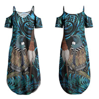 New Zealand Tui Bird Taiaha Couples Matching Summer Maxi Dress and Hawaiian Shirt Maori Weapon Paua Shell Mix Silver Fern LT14 - Polynesian Pride