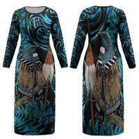 New Zealand Tui Bird Taiaha Family Matching Long Sleeve Bodycon Dress and Hawaiian Shirt Maori Weapon Paua Shell Mix Silver Fern LT14 Mom's Dress Turquoise - Polynesian Pride