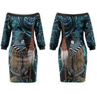 New Zealand Tui Bird Taiaha Family Matching Off The Shoulder Long Sleeve Dress and Hawaiian Shirt Maori Weapon Paua Shell Mix Silver Fern LT14 Mom's Dress Turquoise - Polynesian Pride