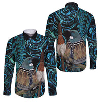 New Zealand Tui Bird Taiaha Family Matching Off The Shoulder Long Sleeve Dress and Hawaiian Shirt Maori Weapon Paua Shell Mix Silver Fern LT14 Dad's Shirt - Long Sleeve Turquoise - Polynesian Pride