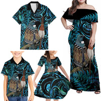New Zealand Tui Bird Taiaha Family Matching Off Shoulder Maxi Dress and Hawaiian Shirt Maori Weapon Paua Shell Mix Silver Fern