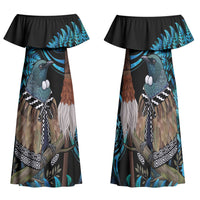 New Zealand Tui Bird Taiaha Family Matching Off Shoulder Maxi Dress and Hawaiian Shirt Maori Weapon Paua Shell Mix Silver Fern LT14 Mom's Dress Turquoise - Polynesian Pride