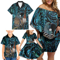 New Zealand Tui Bird Taiaha Family Matching Off Shoulder Short Dress and Hawaiian Shirt Maori Weapon Paua Shell Mix Silver Fern LT14 - Polynesian Pride