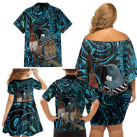 New Zealand Tui Bird Taiaha Family Matching Off Shoulder Short Dress and Hawaiian Shirt Maori Weapon Paua Shell Mix Silver Fern
