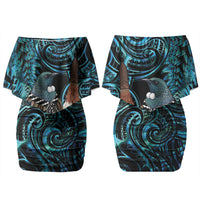 New Zealand Tui Bird Taiaha Family Matching Off Shoulder Short Dress and Hawaiian Shirt Maori Weapon Paua Shell Mix Silver Fern LT14 Mom's Dress Turquoise - Polynesian Pride
