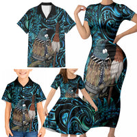 New Zealand Tui Bird Taiaha Family Matching Short Sleeve Bodycon Dress and Hawaiian Shirt Maori Weapon Paua Shell Mix Silver Fern LT14 - Polynesian Pride