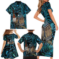 New Zealand Tui Bird Taiaha Family Matching Short Sleeve Bodycon Dress and Hawaiian Shirt Maori Weapon Paua Shell Mix Silver Fern