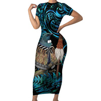 New Zealand Tui Bird Taiaha Family Matching Short Sleeve Bodycon Dress and Hawaiian Shirt Maori Weapon Paua Shell Mix Silver Fern