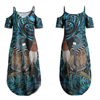 New Zealand Tui Bird Taiaha Family Matching Summer Maxi Dress and Hawaiian Shirt Maori Weapon Paua Shell Mix Silver Fern LT14 Mom's Dress Turquoise - Polynesian Pride