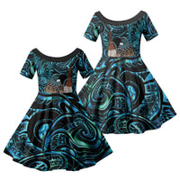 New Zealand Tui Bird Taiaha Family Matching Tank Maxi Dress and Hawaiian Shirt Maori Weapon Paua Shell Mix Silver Fern LT14 Daughter's Dress Turquoise - Polynesian Pride