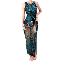 New Zealand Tui Bird Taiaha Family Matching Tank Maxi Dress and Hawaiian Shirt Maori Weapon Paua Shell Mix Silver Fern