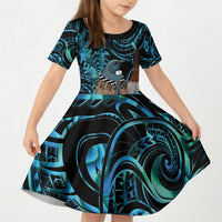 New Zealand Tui Bird Taiaha Kid Short Sleeve Dress Maori Weapon Paua Shell Mix Silver Fern LT14 KID Turquoise - Polynesian Pride