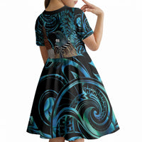 New Zealand Tui Bird Taiaha Kid Short Sleeve Dress Maori Weapon Paua Shell Mix Silver Fern LT14 - Polynesian Pride