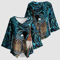 New Zealand Tui Bird Taiaha Kimono Sleeve Blouse Maori Weapon Paua Shell Mix Silver Fern