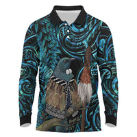 New Zealand Tui Bird Taiaha Long Sleeve Polo Shirt Maori Weapon Paua Shell Mix Silver Fern