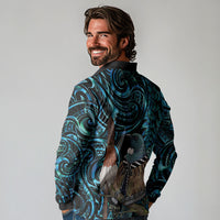 New Zealand Tui Bird Taiaha Long Sleeve Polo Shirt Maori Weapon Paua Shell Mix Silver Fern