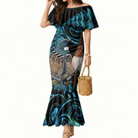 New Zealand Tui Bird Taiaha Mermaid Dress Maori Weapon Paua Shell Mix Silver Fern LT14 Women Turquoise - Polynesian Pride