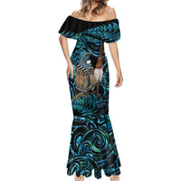 New Zealand Tui Bird Taiaha Mermaid Dress Maori Weapon Paua Shell Mix Silver Fern