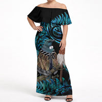 New Zealand Tui Bird Taiaha Off Shoulder Maxi Dress Maori Weapon Paua Shell Mix Silver Fern LT14 Women Turquoise - Polynesian Pride