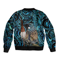 New Zealand Tui Bird Taiaha Sleeve Zip Bomber Jacket Maori Weapon Paua Shell Mix Silver Fern