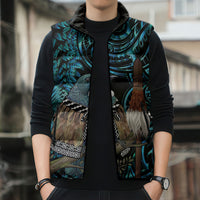 New Zealand Tui Bird Taiaha Sleeveless Puffer Jacket Maori Weapon Paua Shell Mix Silver Fern