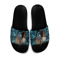 New Zealand Tui Bird Taiaha Slide Sandals Maori Weapon Paua Shell Mix Silver Fern