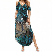 New Zealand Tui Bird Taiaha Summer Maxi Dress Maori Weapon Paua Shell Mix Silver Fern LT14 Women Turquoise - Polynesian Pride