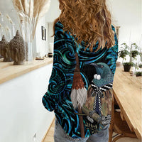 New Zealand Tui Bird Taiaha Women Casual Shirt Maori Weapon Paua Shell Mix Silver Fern
