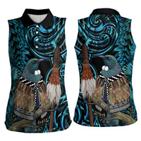 New Zealand Tui Bird Taiaha Women Sleeveless Polo Shirt Maori Weapon Paua Shell Mix Silver Fern