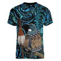 New Zealand Tui Bird Taiaha Women V-Neck T-Shirt Maori Weapon Paua Shell Mix Silver Fern