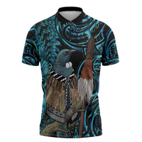 New Zealand Tui Bird Taiaha Zipper Polo Shirt Maori Weapon Paua Shell Mix Silver Fern LT14 Turquoise - Polynesian Pride