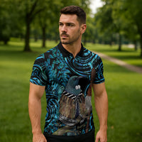 New Zealand Tui Bird Taiaha Zipper Polo Shirt Maori Weapon Paua Shell Mix Silver Fern LT14 - Polynesian Pride